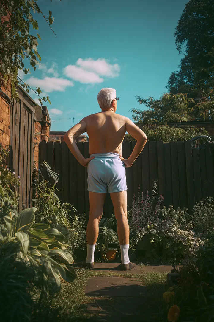 Man in shorts in garden