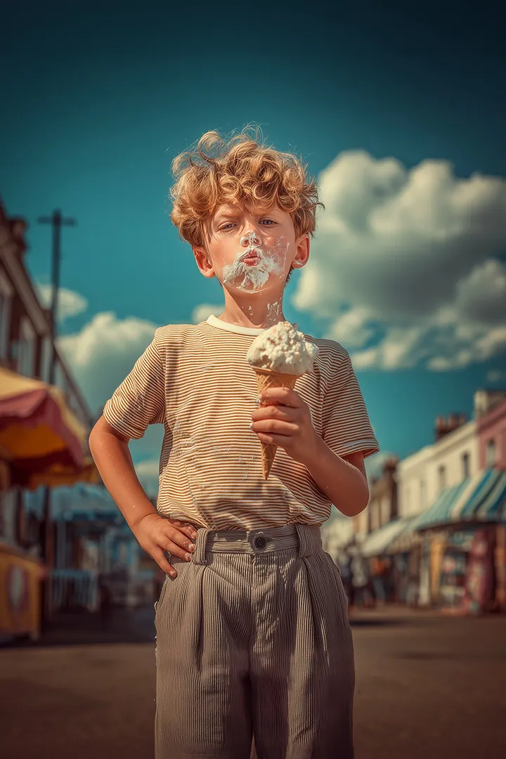 A young boy is relaxing in the summer with an Ice Cream. This will attract a lot of insects who will be after the sugar and other products in the food.